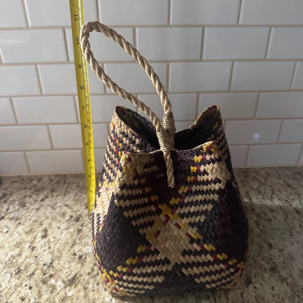 Handwoven Woven Palm Leaf Basket Purse Tote With Wooden Bead Closure & Handle